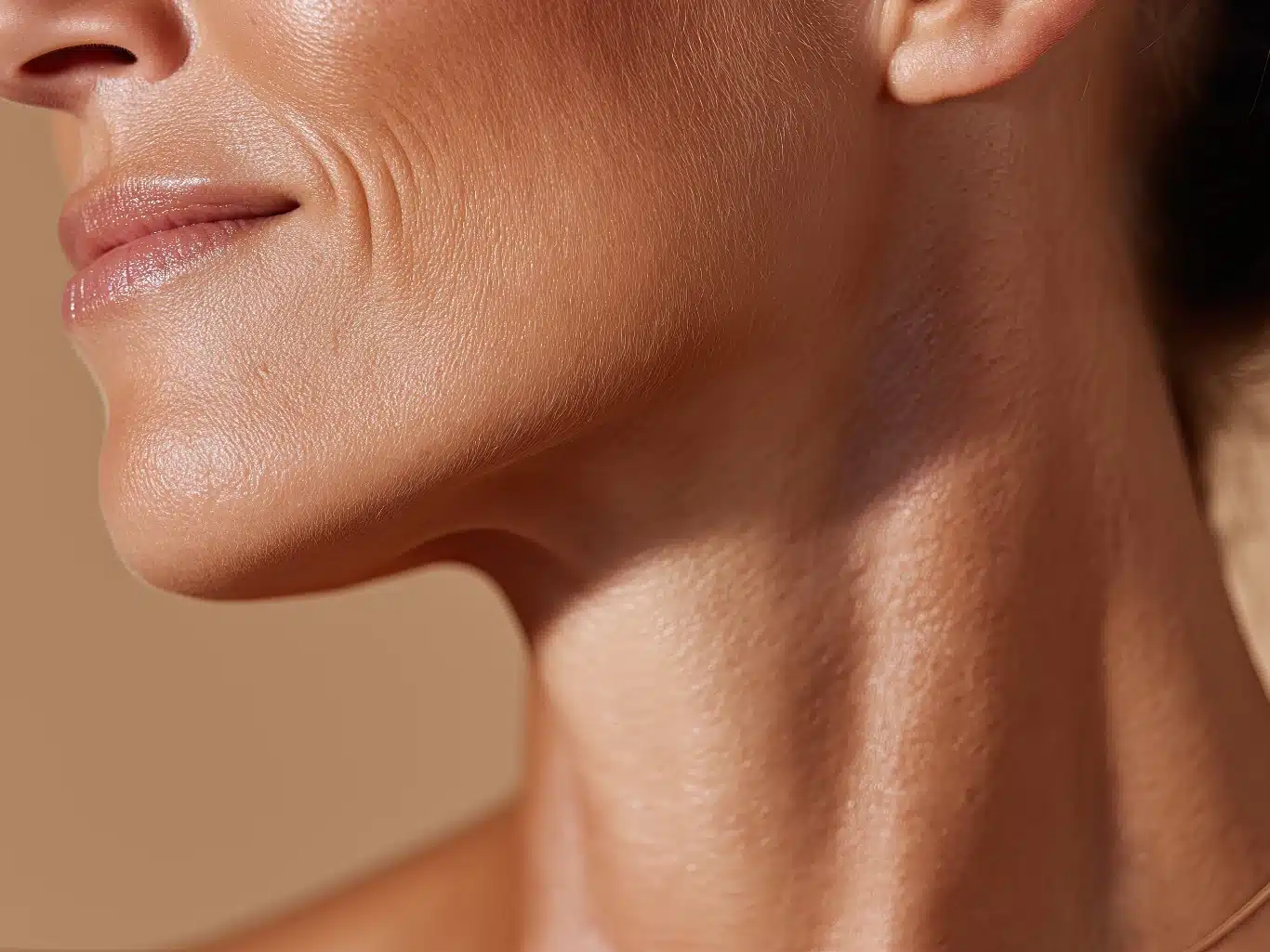 anti aging cosmetic procedure result closeup neck and jawline show mature skin texture under warm light